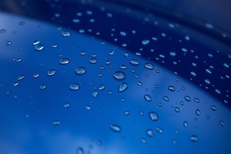Water beading tightly on a freshly ceramic-coated dark blue hood