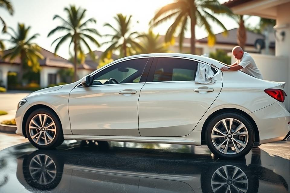 A freshly detailed pearl white sedan parked in afternoon sun.