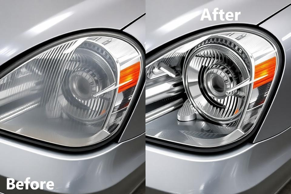 Side-by-side comparison of yellowed and restored car headlamps