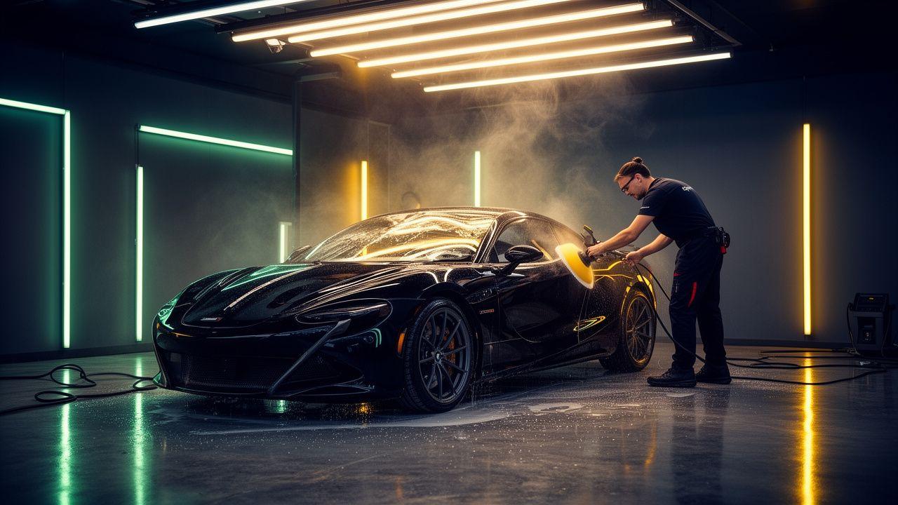 A glossy black sedan being polished under indigo studio lighting inside the Linktura detailing bay.