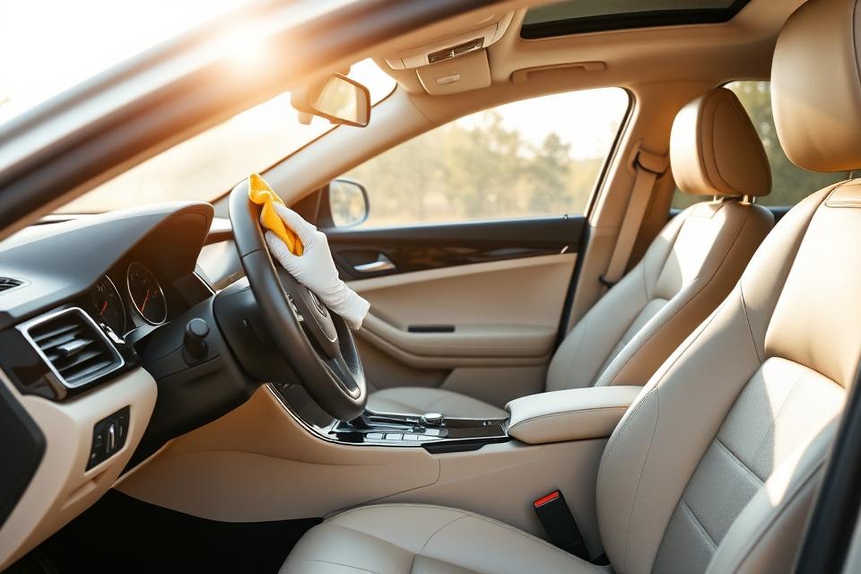 Detailer wiping down the dashboard of a cleaned luxury cabin