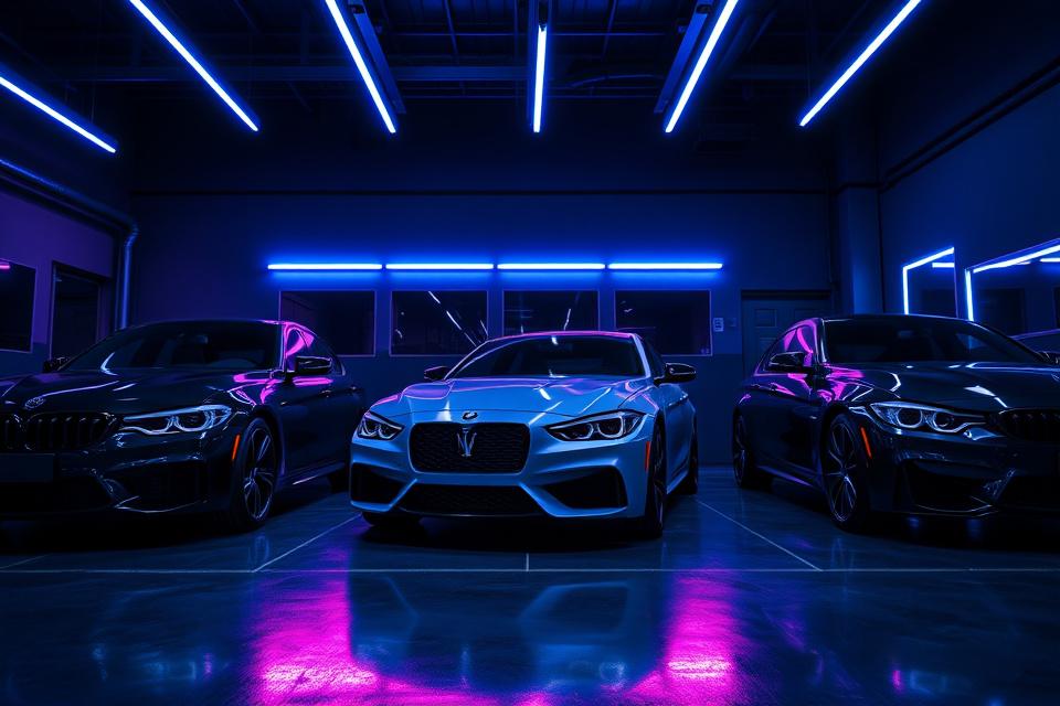 Three luxury vehicles lined up in the Linktura studio after detailing.