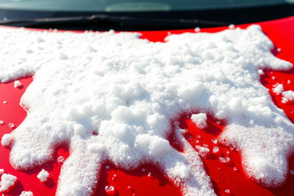 Thick white snow foam cascading down a glossy red bonnet