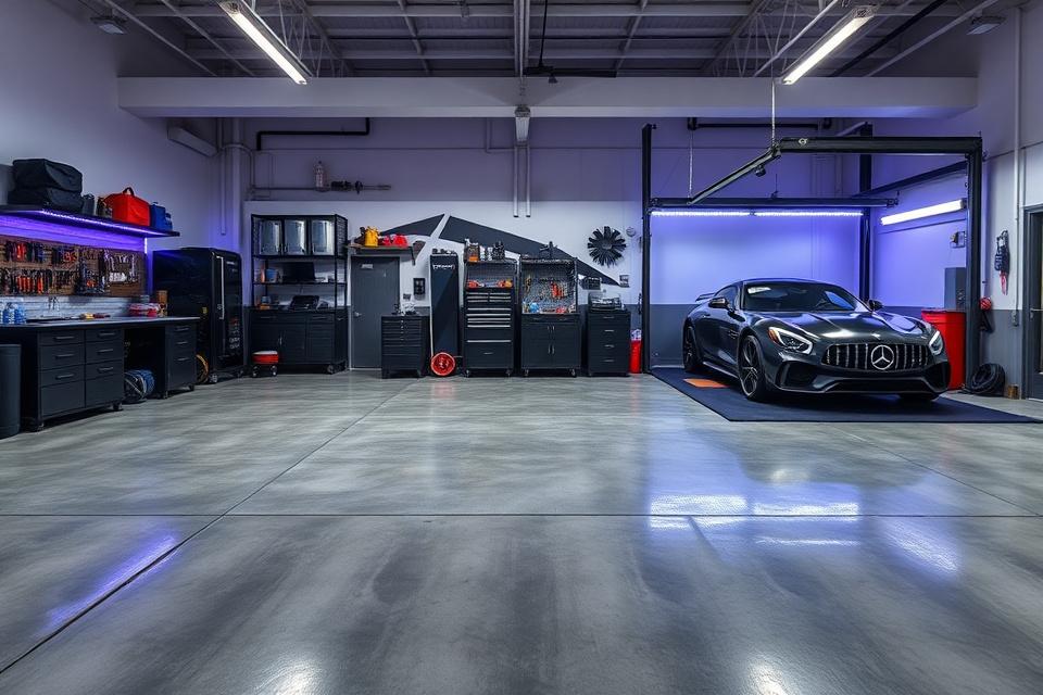 Wide shot of the Linktura detailing studio in Melaka with two cars under indigo LED bays.