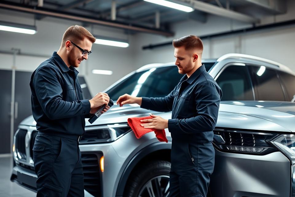 Two Linktura detailers working on a silver SUV inside the Melaka studio.