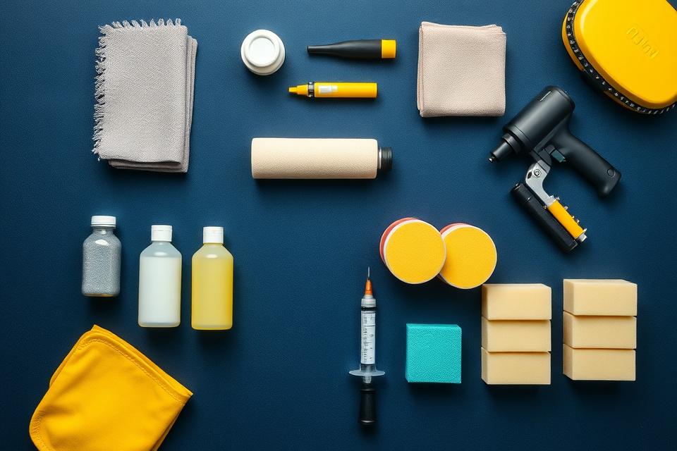 A top-down flat lay of detailing tools and products on the Linktura bay floor.