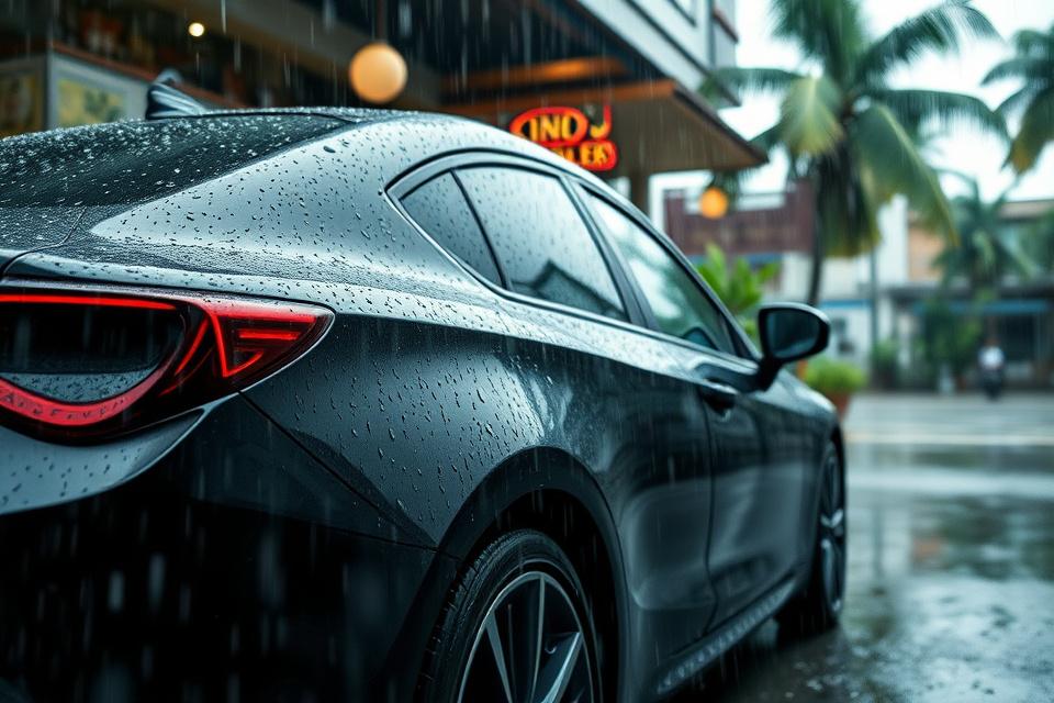 Rainstorm running off the panels of a ceramic-coated car.
